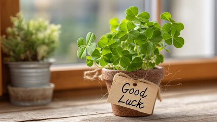 Green potted plant with a tag that says luck symbolizing hope and positive energy in life