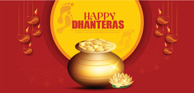 Dhanteras festival scene featuring a glowing gold pot on a colorful rangoli plate, lit diyas, marigold flowers and festive bunting conveying prosperity, tradition and celebratory warmth.