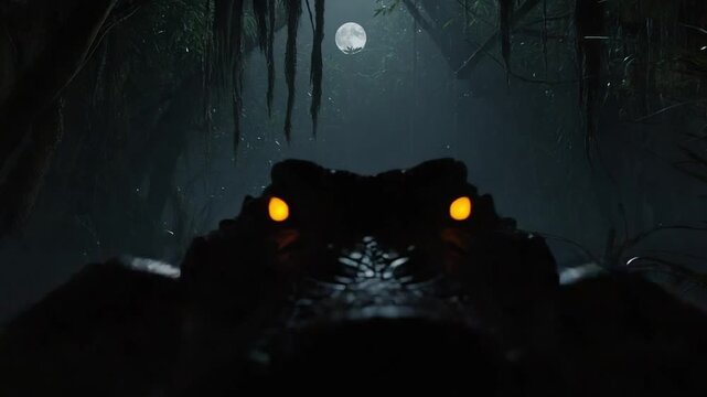 Alligator Emerging from Dark Swamp Night Scene