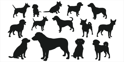 Diverse Dog Breed Silhouettes in Various Poses on White canine puppy