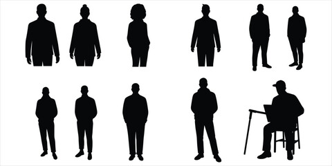Diverse group of black silhouette people standing and sitting on white background person woman