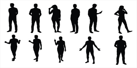 Eleven diverse black silhouettes of people in casual poses on white woman group
