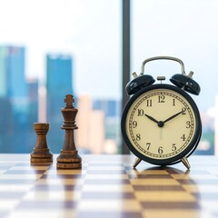 Obraz na płótnie Canvas Chess pieces and clock on a chessboard with city view
