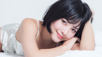 Fototapeta premium 黒髪のショートのアイドルの女性モデルがシルクのブラウスを着て白いベッドで寝そべってこちらを見ている