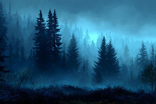 Mysterious blue forest shrouded in fog tall pines and low bushes a tranquil scene