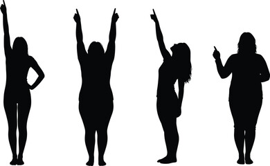 Four female silhouettes pointing upwards and to the side on white woman