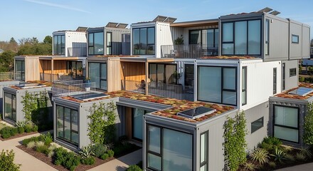 Modern container homes stacked in a unique architectural design with green roofs