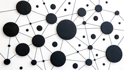 Abstract modern artwork of black circles connected by lines symbolizing communication, teamwork, connection, data, and futuristic minimal design.