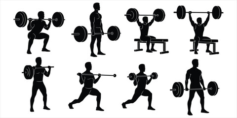Man doing weightlifting exercises with barbell silhouette on white fitness