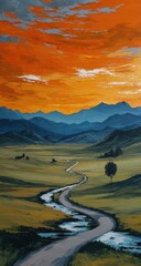 Winding road through a valley at sunset