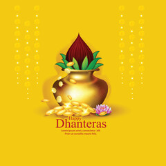 Naklejka premium Dhanteras with this vibrant design featuring a kalash, lotus flower, gold coins, and decorative patterns on a rich red and yellow background symbolizing prosperity and blessings.
