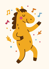 Funny cartoon horse dancing with music. Cute animal