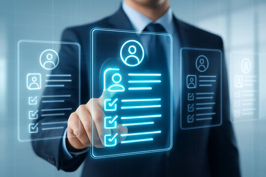 A businessman's hand points to a holographic screen showing resumes to select the best candidate for the job in a modern office