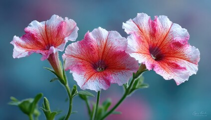 Three vibrant, pink-and-white flowers with ruffled petals against a blurred background
