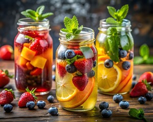 3d icon of three jars of infused water with strawberries, blueberries, oranges, and mint, a refreshing and healthy drink