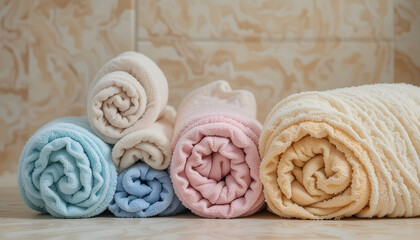 Fototapeta premium Soft rolled towels in pastel shades offer comfort and spa-like luxury for a relaxing bathroom retreat.