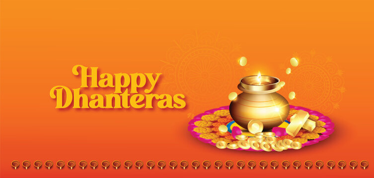 Dhanteras festival scene featuring a glowing gold pot on a colorful rangoli plate, lit diyas, marigold flowers and festive bunting conveying prosperity, tradition and celebratory warmth.