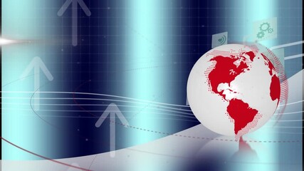 Animation of financial data processing and arrows over globe - Powered by Adobe