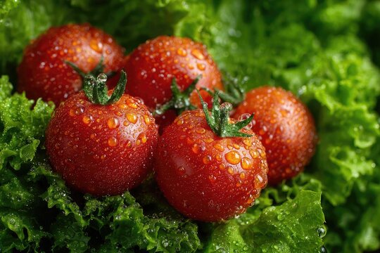 Fresh, vibrant cherry tomatoes with water droplets resting on a bed of fresh green lettuce leaves