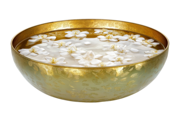 Golden bowl with water and flowers for spa treatment and relaxation wellness and aromatherapy concept on transparent background