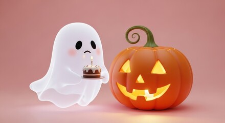 Cute ghost with birthday cake and smiling pumpkin for Halloween celebration