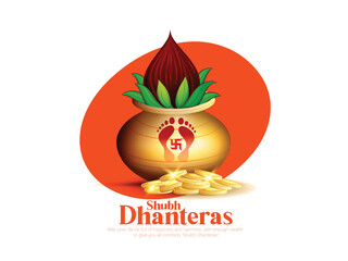 Dhanteras with this vibrant design featuring a kalash, lotus flower, gold coins, and decorative patterns on a rich red and yellow background symbolizing prosperity and blessings.