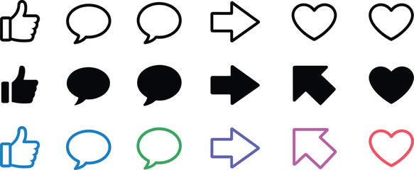 Like, comment, heart, and arrow icon set in black and color style, user interface, vector UI symbols, communication elements