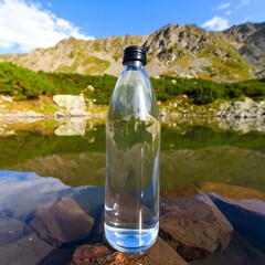 Clear water bottle by a serene mountain lake