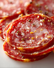Obraz premium Close up shows sliced salami with spices for gourmet food photography and deli meat shots