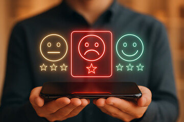 customer service excellence, a person holding a smartphone with glowing neon happy, sad, and neutral emoji faces