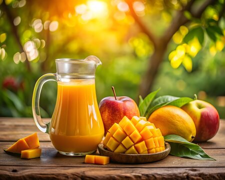 3d icon of glass pitcher filled with vibrant orange juice, accompanied by fresh mango slices, apples, and oranges on a rustic wooden table in sunlight