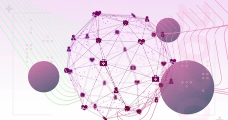 Animation of network of connections with icons over circles and lines against pink background - Powered by Adobe