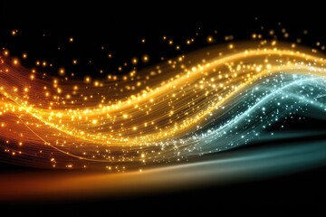 Abstract flowing light waves, orange and blue, sparkle