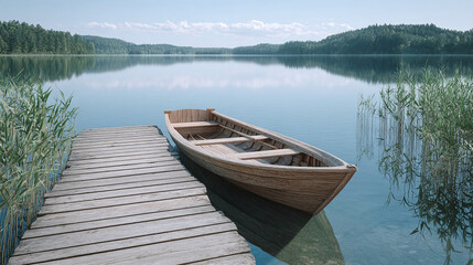 Obraz premium Serene Lakeside Scene with Wooden Boat