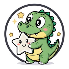 Naklejka premium Adorable Chibi Sweet Caiman Hatchling Hugging A Fluffy Marshmallow Star With Sparkling Eyes And Tiny Scales In A Playful Kawaii Cartoon Style Whimsical Fantasy Reptile Illustration