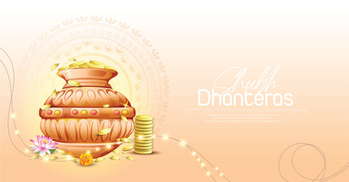 Dhanteras festival scene featuring a glowing gold pot on a colorful rangoli plate, lit diyas, marigold flowers and festive bunting conveying prosperity, tradition and celebratory warmth.
