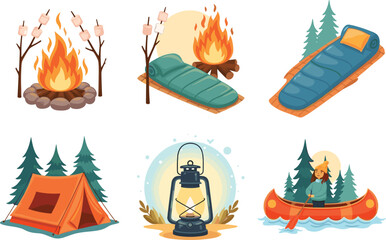 Camping outdoor activities set, campfire, sleeping bags, tent, lantern, canoe, pine trees, adventure travel, nature exploration vector illustration
