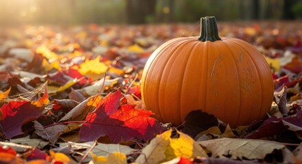 A vibrant pumpkin on colorful autumn leaves, perfect for fall harvest season