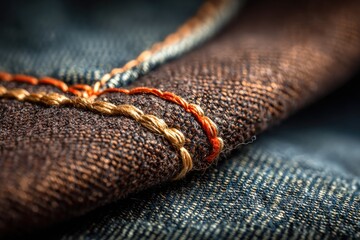 Close-up of dark denim fabric seam with contrasting stitching