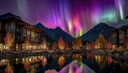 Fototapeta premium Aurora Borealis Over Lakeside Buildings