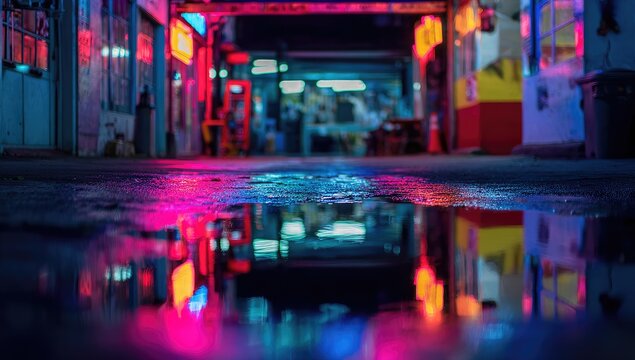 Vibrant neon lights reflected in a puddle illuminate a nighttime alleyway, showcasing a captivating urban scene.