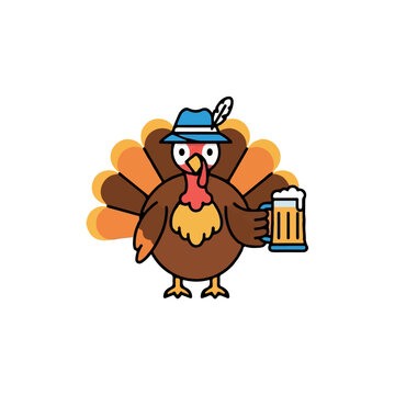 Funny Thanksgiving turkey mascot dressed in a traditional German Bavarian hat holding a frothy beer mug