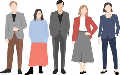 Business team illustration, diverse professionals, corporate people standing, flat design characters, modern office workers, vector artwork, minimalistic, teamwork concept