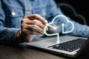 Cloud technology concept Global network of metaverse systems concept, Man hand touch data with internet cloud technology and File Transfer backup copy,Global business  Internet for Telecommunication