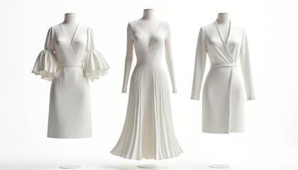 Three elegant white evening wear dresses presented. Dress features unique designs, textures, from dramatic ruffled sleeves to sleek pleated skirts, sophisticated wrap styles. Chic, modern apparel