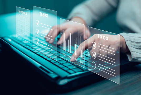 Planner To Do it List Agenda Note Graphic, Schedule using event planner calendar, Business people hand using vacation plan on laptop computer organization management calendar planning reminder concept