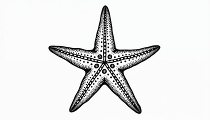 Simple line art drawing of starfish, five-pointed shape with intricate dotted patterns along arms, center. Black-and-white graphic perfect for educational materials, biology studies, general marine