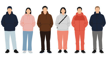 Hoodie outfit illustration, diverse people in casual wear, modern street style, standing group vector, trendy fashion, youth clothing concept, minimal