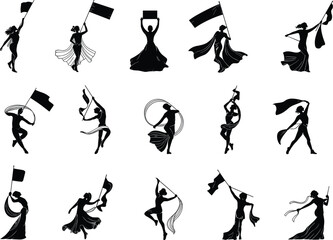 Set of women waving flags in dancing poses, silhouette vector illustration, elegant flag performance, artistic movement, black isolated dancers clipart