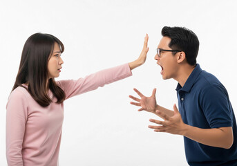 A frustrated woman is holding off an angry, shouting man. This image represents conflict, verbal abuse, argument, and psychological distress within relationships or a workplace.
